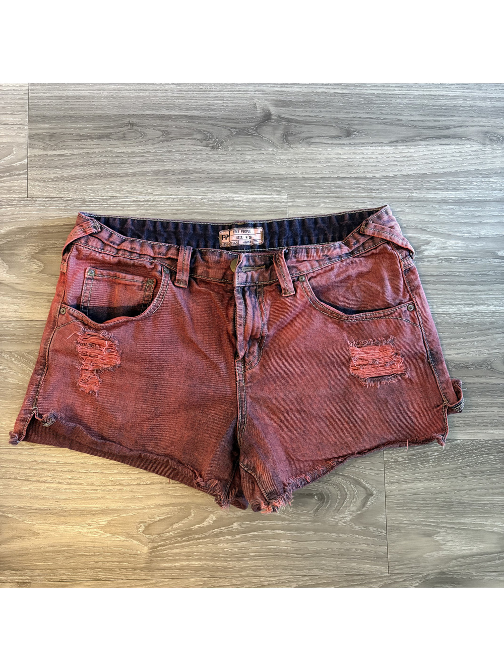 Free People Distressed Denim Cutoff Shorts W28 Faded Red Ripped Frayed Boho